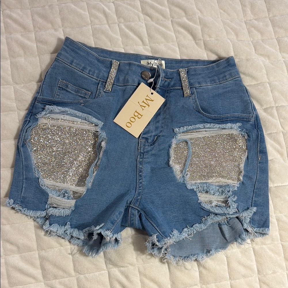 Women's Blue Denim Rhinestone Distressed Shorts